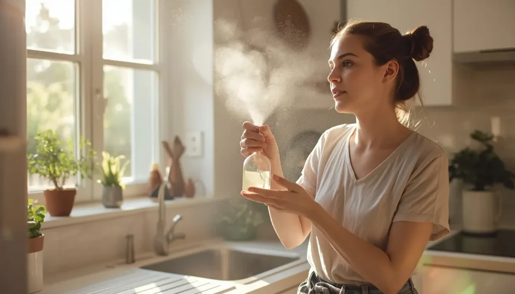 Kobieta spryskuje kuchnię domowym odświeżaczem powietrza z olejkami eterycznymi