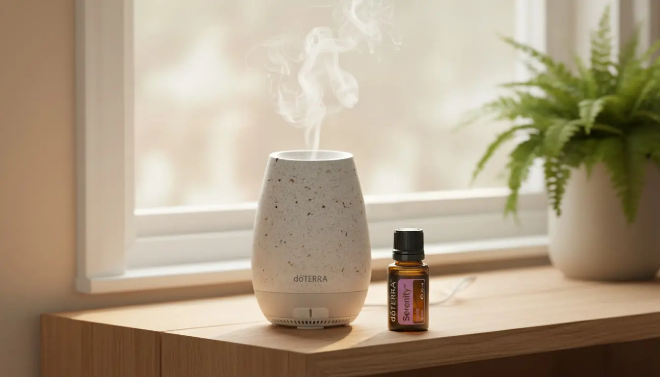 Dyfuzor do olejków eterycznych na półce w przytulnym domowym wnętrzu z unoszącą się mgiełką