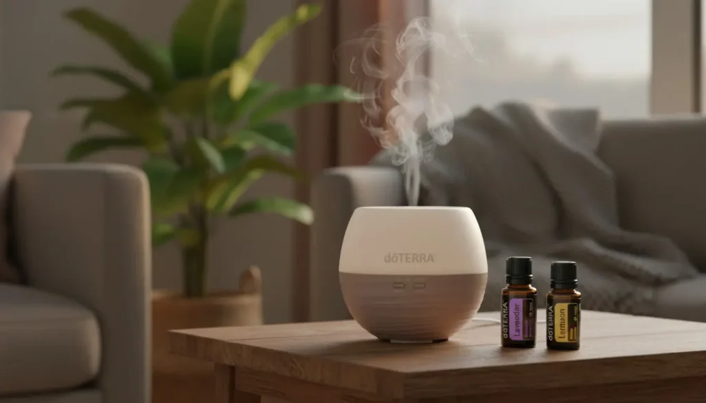 Ultradźwiękowy dyfuzor olejków eterycznych z parą w przytulnym salonie