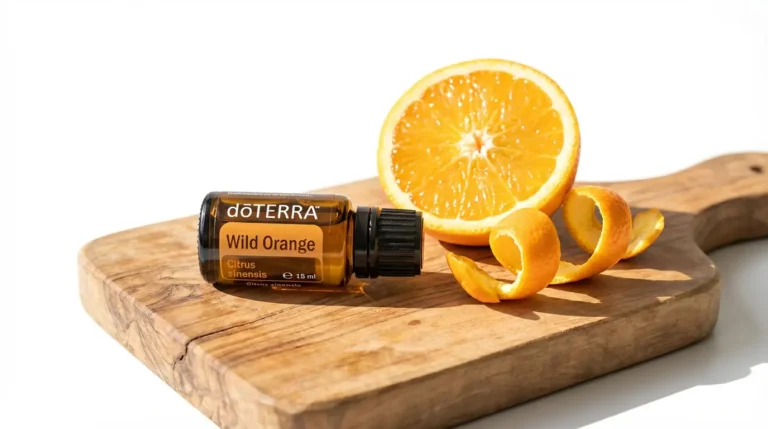 Olejek eteryczny dzika pomarańcza Wild Orange doTERRA 15 ml na drewnianej desce z owocami cytrusowymi