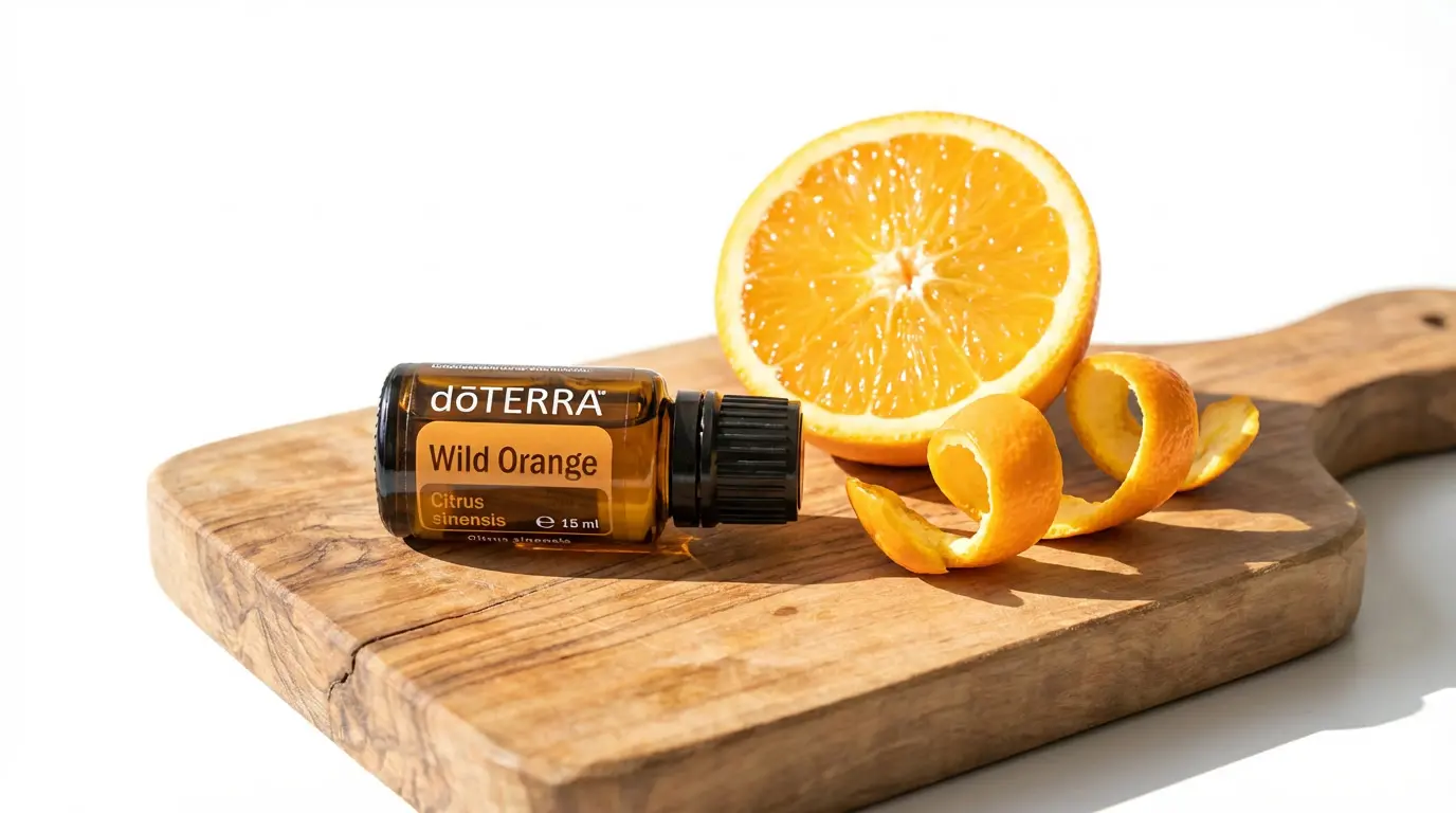 Olejek eteryczny dzika pomarańcza doTERRA Wild Orange 15 ml na drewnianej desce z owocami cytrusowymi
