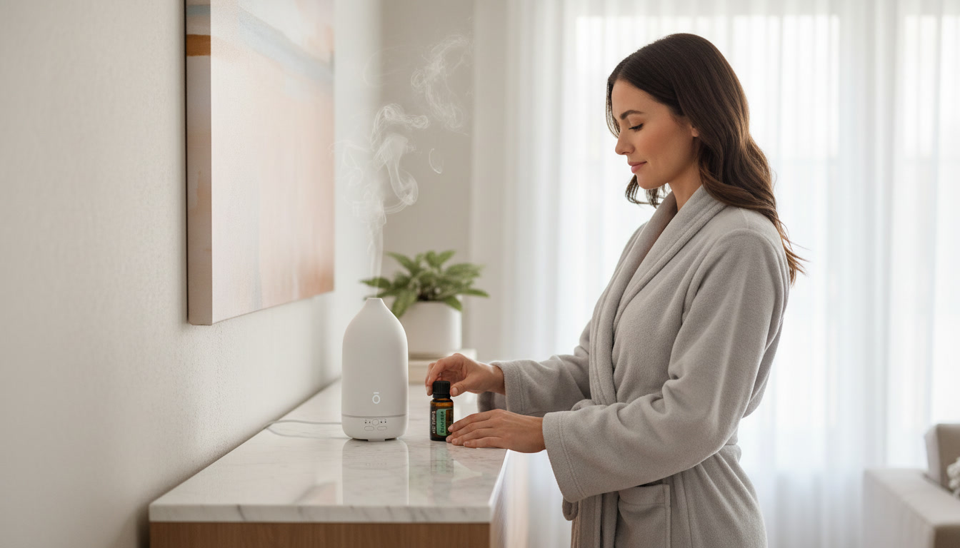 dyfuzor zapachowy do domu ustawiony na stoliku w salonie z olejkami eterycznymi doTERRA