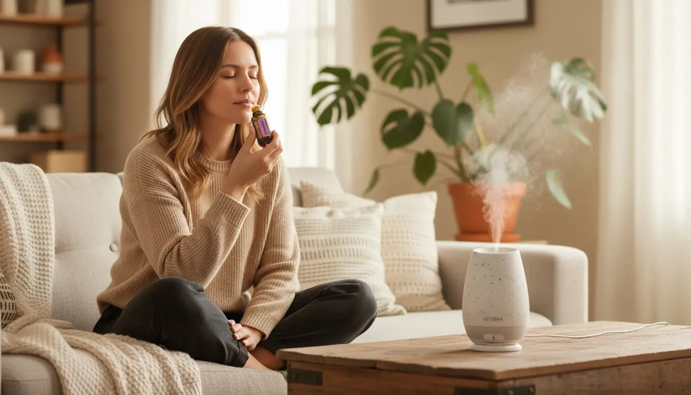 Olejki eteryczne doTERRA obok dyfuzora ceramicznego - sposoby użycia aromatycznie, miejscowo i wewnętrznie