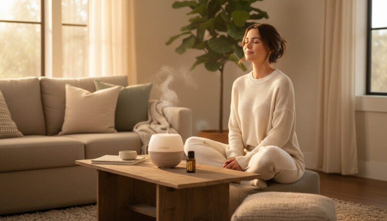 Kobieta relaksuje się przy dyfuzorze z olejkami eterycznymi na stres