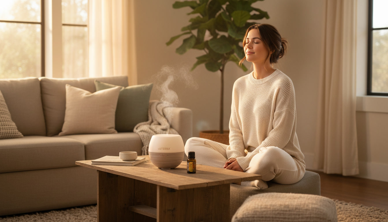 Kobieta relaksuje się przy dyfuzorze z olejkami eterycznymi na stres