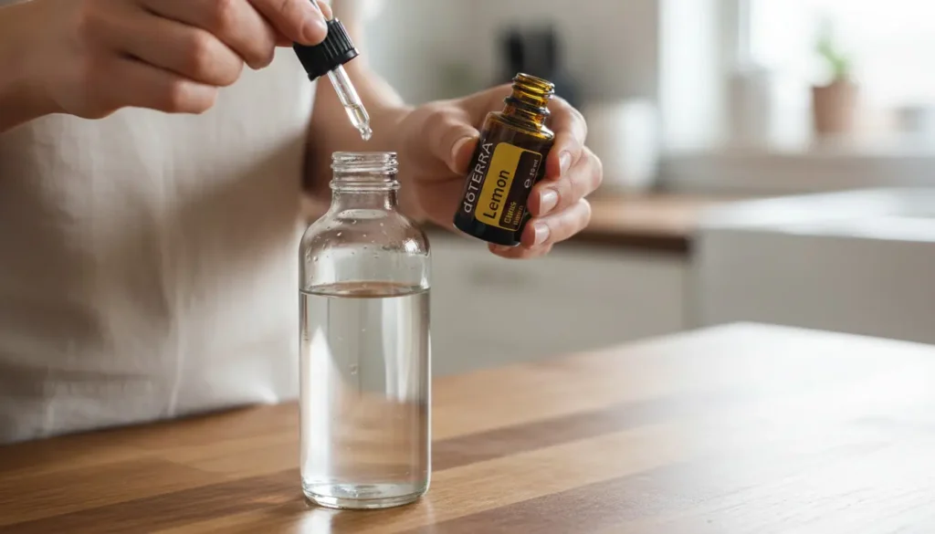 krople-olejku-eterycznego-do-butelki-spray Dodawanie kropli olejku eterycznego doTERRA do szklanej butelki z atomizerem na domowy odświeżacz powietrza