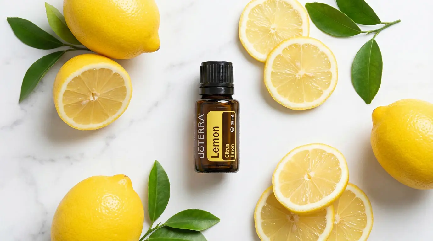 Olejek cytrynowy doTERRA Lemon 15 ml na białym marmurze otoczony świeżymi cytrynami