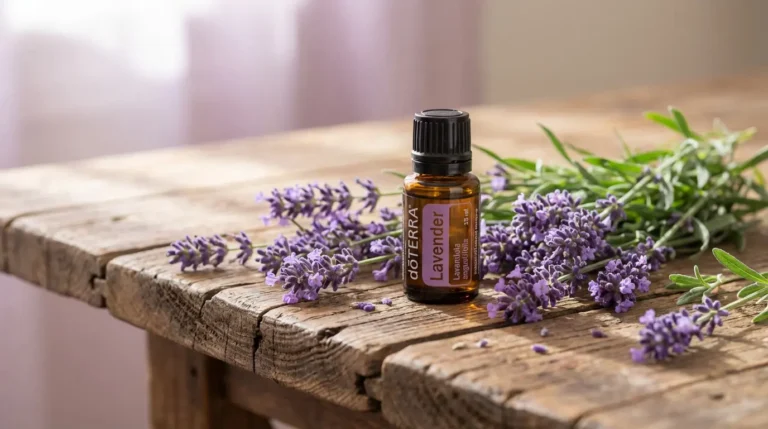 Olejek lawendowy doTERRA na drewnianej powierzchni z gałązkami lawendy