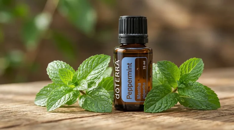 Olejek eteryczny z mięty pieprzowej doTERRA - butelka 15 ml na drewnianym blacie
