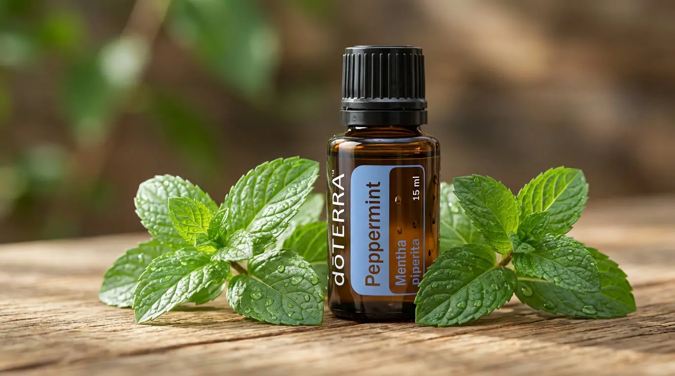 Olejek eteryczny z mięty pieprzowej doTERRA - butelka 15 ml na drewnianym blacie