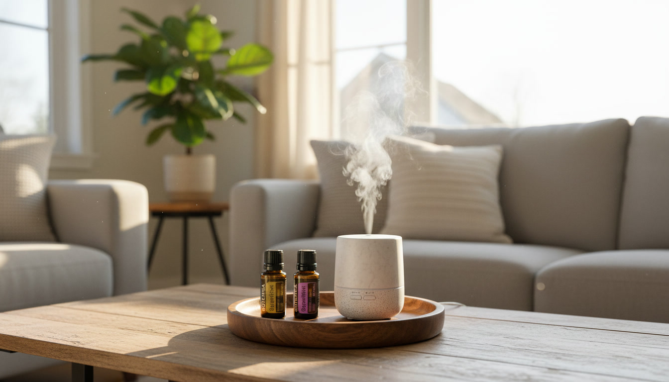 Olejki eteryczne do domu – dyfuzor i buteleczki z olejkami doTERRA na drewnianej tacy w salonie