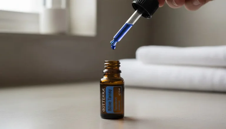 Indygowy olejek Blue Tansy pokazany obok neutralnej bazy kosmetycznej i ciemnego ręcznika