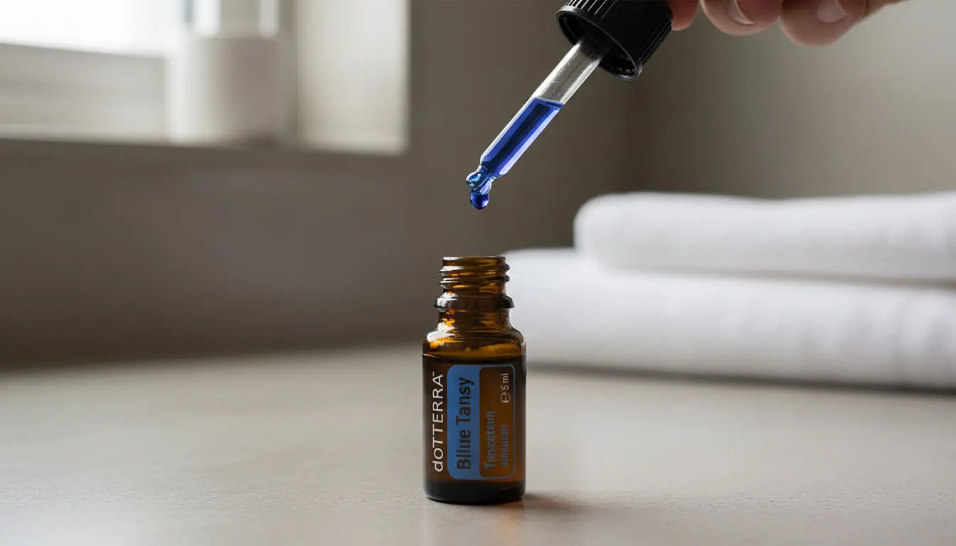 Indygowy olejek Blue Tansy pokazany obok neutralnej bazy kosmetycznej i ciemnego ręcznika -chamazulen