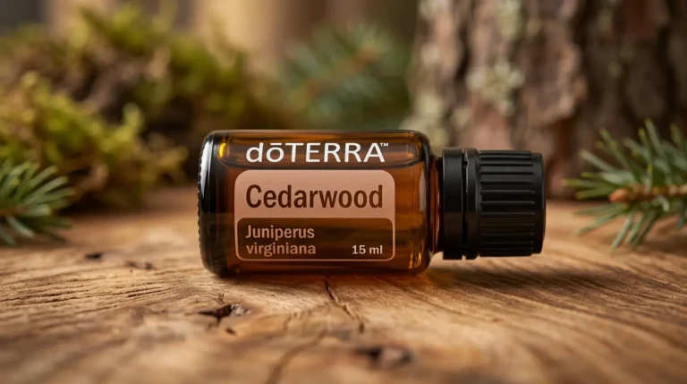 Olejek cedrowy doTERRA Cedarwood 15 ml na drewnianym tle w ciepłym wieczornym świetle
